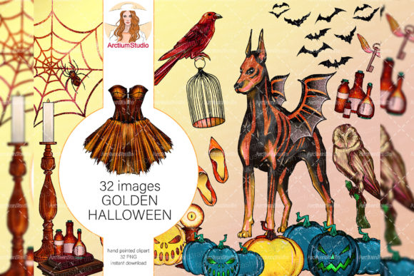 Elevating Digital Design with Hand-Painted Golden Halloween Art PNG Files