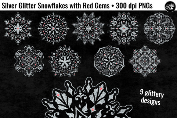 Unveiling the Magic of Silver Glitter Snowflakes with Red Gems for Winter Design